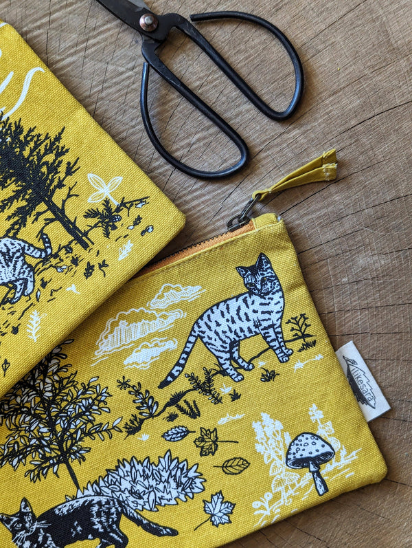 ilikesara | art + goods - Zippered pouch | outside cats - yellow nature kitty pencil, supply, makeup bag with waterproof lining