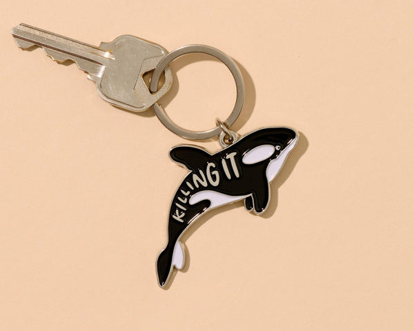 And Here We Are - Killing it Orca Enamel Keychain, Bag Charm - Stocking stuffer, Holiday, Gift Guide