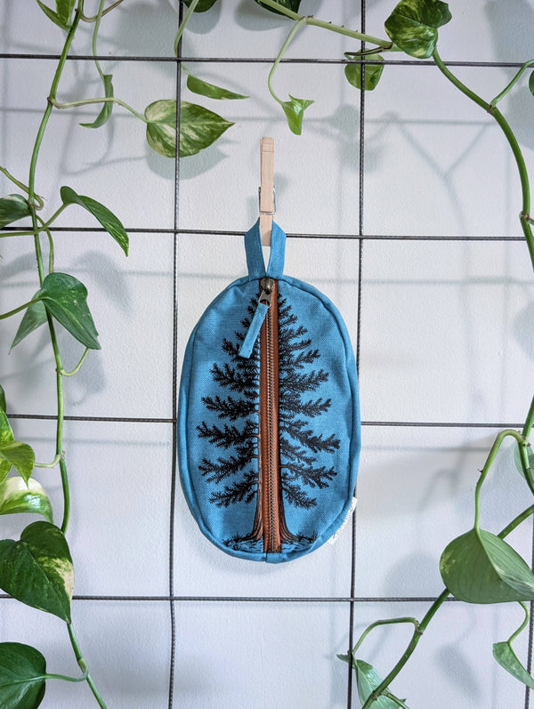 ilikesara | art + goods - Zippered pouch | eastern white pine - blue tree/forest pencil, supply, makeup bag with waterproof lining