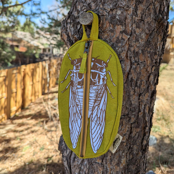 ilikesara | art + goods - Zippered pouch | cicada - yellow & brown bug/insect pencil, supply, makeup bag with waterproof lining
