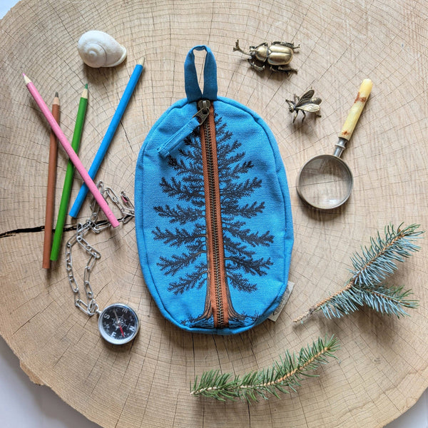 ilikesara | art + goods - Zippered pouch | eastern white pine - blue tree/forest pencil, supply, makeup bag with waterproof lining