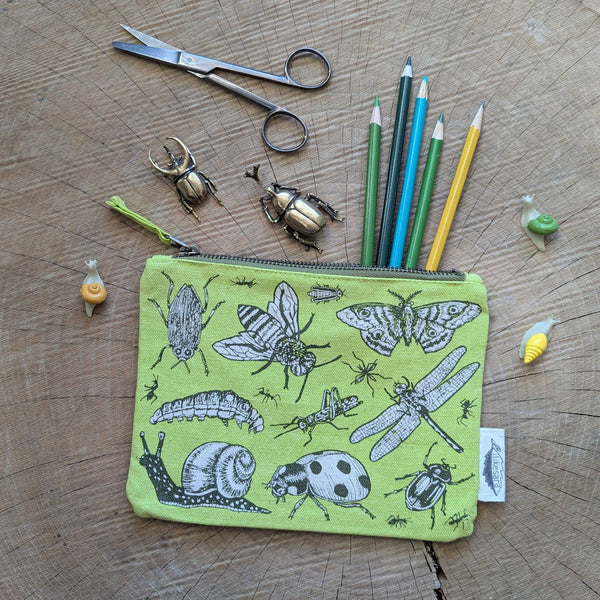 ilikesara | art + goods - Zippered pouch | insecta - light green pencil, supply, makeup bag with waterproof lining