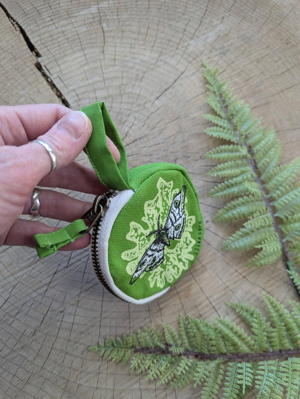 ilikesara | art + goods - Coin pouch | moth - green zipper bag with waterproof lining