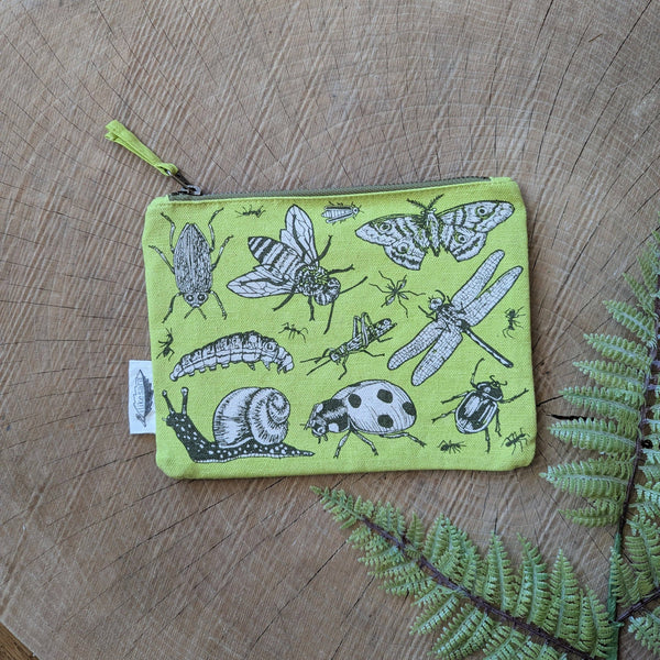 ilikesara | art + goods - Zippered pouch | insecta - light green pencil, supply, makeup bag with waterproof lining