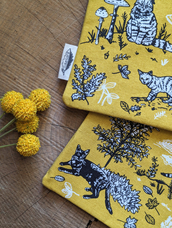 ilikesara | art + goods - Zippered pouch | outside cats - yellow nature kitty pencil, supply, makeup bag with waterproof lining