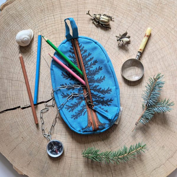 ilikesara | art + goods - Zippered pouch | eastern white pine - blue tree/forest pencil, supply, makeup bag with waterproof lining