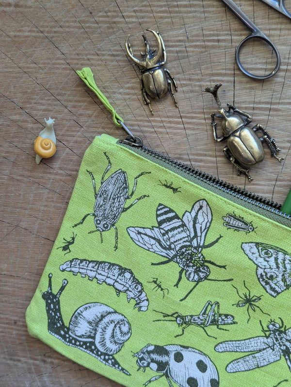 ilikesara | art + goods - Zippered pouch | insecta - light green pencil, supply, makeup bag with waterproof lining