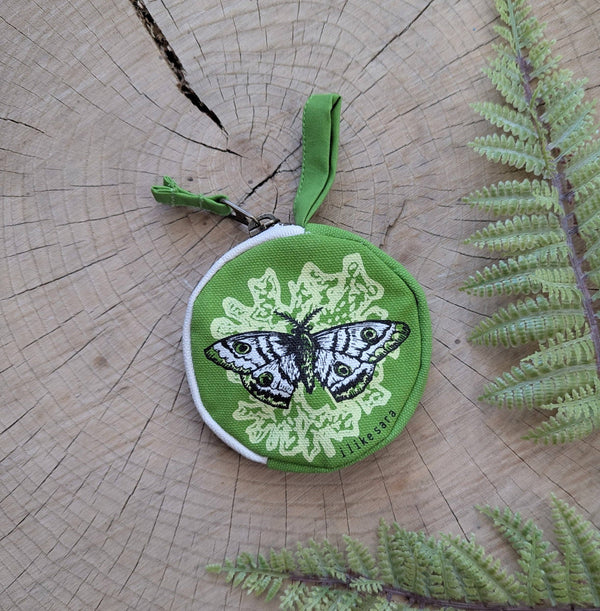 ilikesara | art + goods - Coin pouch | moth - green zipper bag with waterproof lining