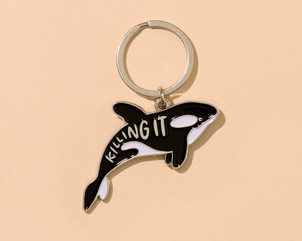 And Here We Are - Killing it Orca Enamel Keychain, Bag Charm - Stocking stuffer, Holiday, Gift Guide