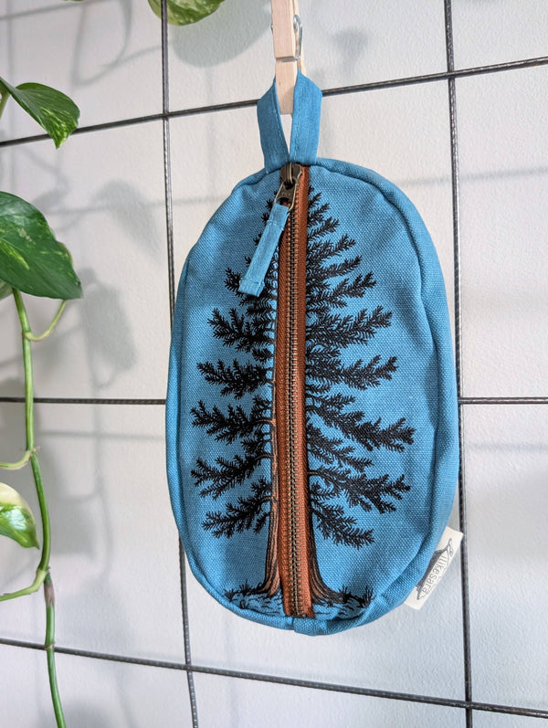 ilikesara | art + goods - Zippered pouch | eastern white pine - blue tree/forest pencil, supply, makeup bag with waterproof lining