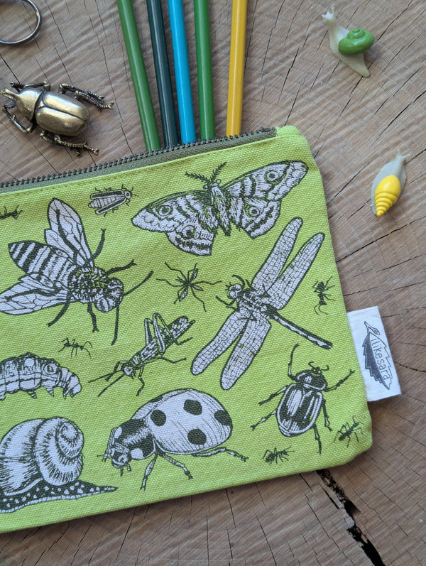 ilikesara | art + goods - Zippered pouch | insecta - light green pencil, supply, makeup bag with waterproof lining