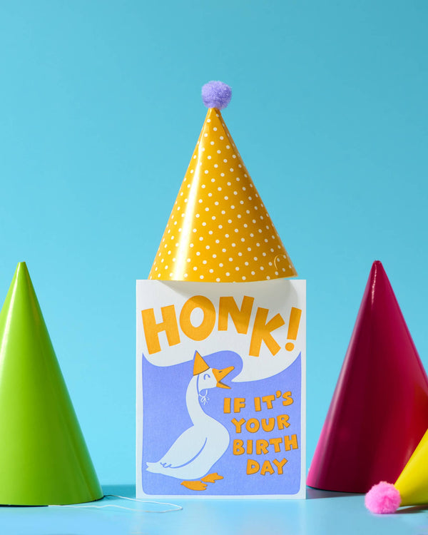 And Here We Are - Letterpress Birthday Card—Honk Bday (Goose, Colorful, Silly)