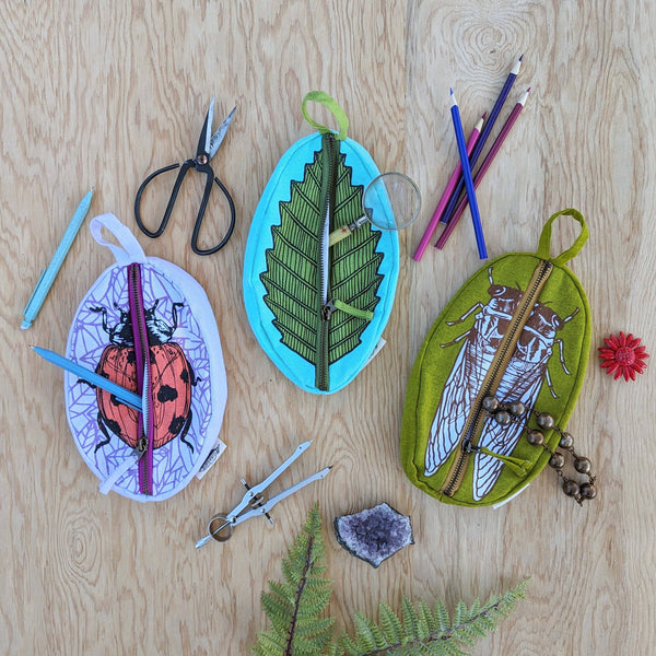 ilikesara | art + goods - Zippered pouch | ladybug - purple & red insect pencil, supply, makeup bag with waterproof lining