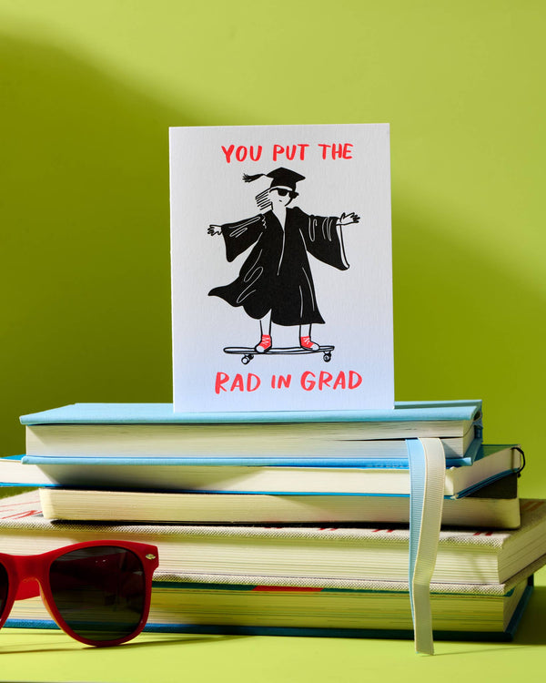 And Here We Are - Letterpress Graduation Card—Rad in Grad (Modern, Congrats)