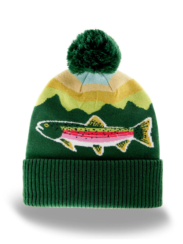 Northern Icons Creations INC - Rainbow Trout Knit Beanie Hat with Pom | Outdoor Fishing Mountain Winter Ribbed Cuffed Cap
