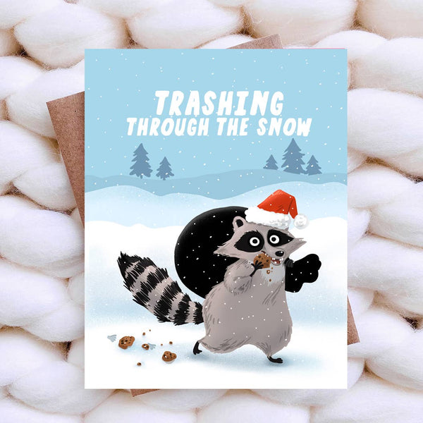 Trashing through the snow Raccoon Card