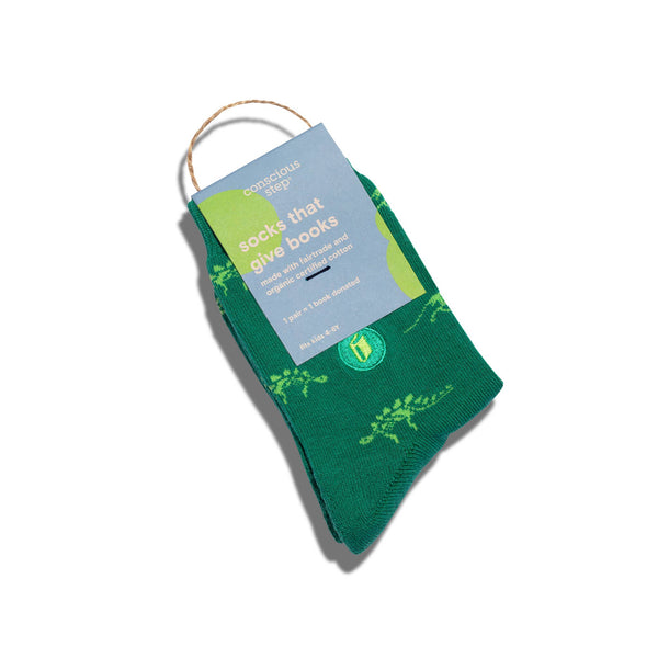 Conscious Step - Kids Socks that Give Books (Green Dinosaurs)