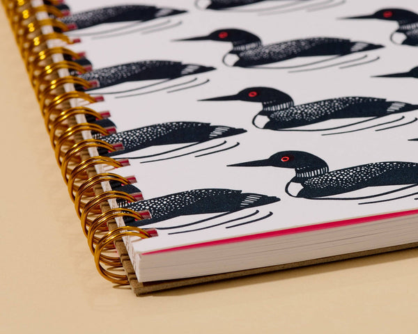 And Here We Are - Letterpress A5 Lined Spiral Notebook—Loon Birds Pattern