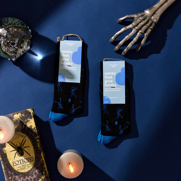 Conscious Step - Socks that Give Books  (Black Skeletons): Medium