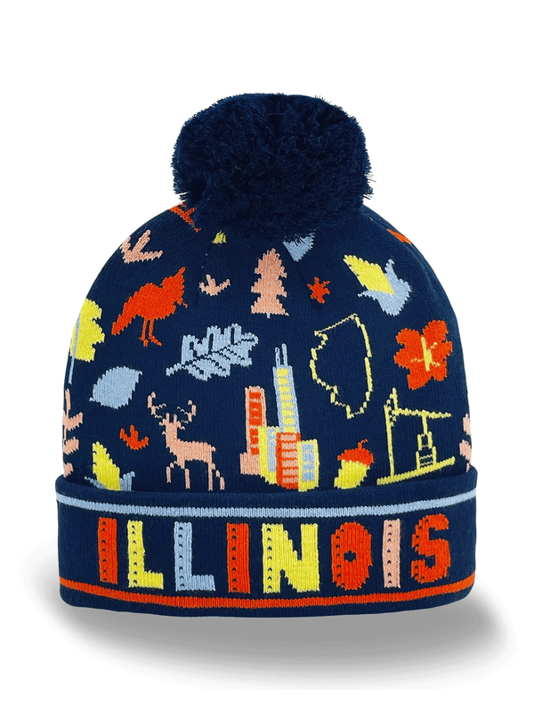 Northern Icons Creations INC - Illinois Knit Beanie with Chicago Skyline, Deer, Oil Derrick & State Icons