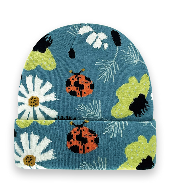 Northern Icons Creations INC - Unisex Knit Beanie with Ladybug and Daisy Flower Pattern, Cute Garden Style Winter Hat-NI60141