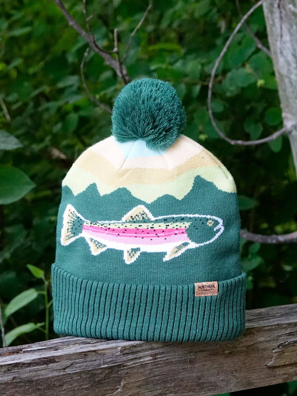 Northern Icons Creations INC - Rainbow Trout Knit Beanie Hat with Pom | Outdoor Fishing Mountain Winter Ribbed Cuffed Cap