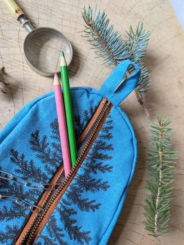 ilikesara | art + goods - Zippered pouch | eastern white pine - blue tree/forest pencil, supply, makeup bag with waterproof lining