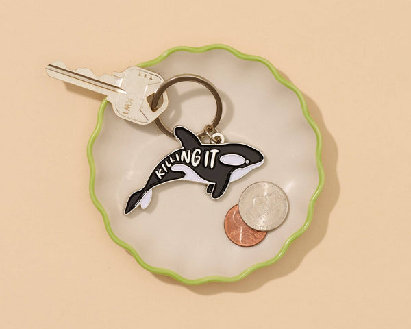 And Here We Are - Killing it Orca Enamel Keychain, Bag Charm - Stocking stuffer, Holiday, Gift Guide