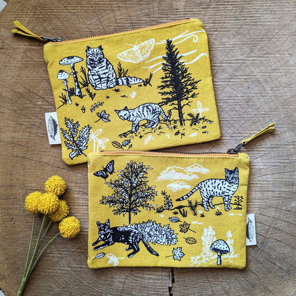 ilikesara | art + goods - Zippered pouch | outside cats - yellow nature kitty pencil, supply, makeup bag with waterproof lining