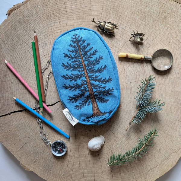 ilikesara | art + goods - Zippered pouch | eastern white pine - blue tree/forest pencil, supply, makeup bag with waterproof lining
