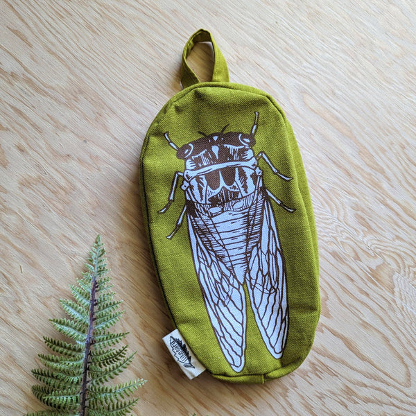 ilikesara | art + goods - Zippered pouch | cicada - yellow & brown bug/insect pencil, supply, makeup bag with waterproof lining