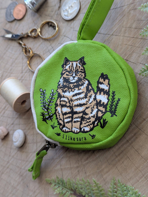 ilikesara | art + goods - Coin pouch | cat - green zipper bag with waterproof lining