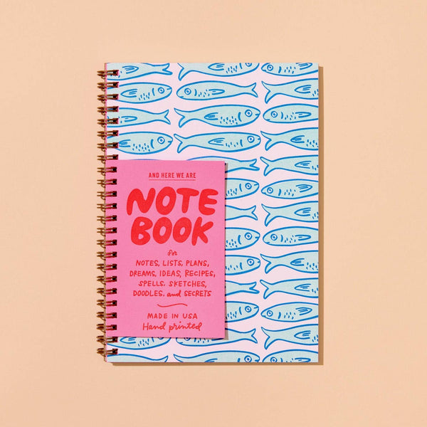 And Here We Are - Sardines Letterpress A5 Spiral Notebook - Made in USA - Seafood - Ocean - Beach - Animals - Foodie - Coastal - Back to School, Housewarming Gift - Stocking stuffer, Holiday, Gift Guide