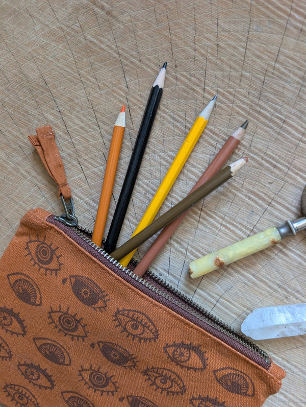 ilikesara | art + goods - Zippered pouch | eyeball - rust orange eye blockprint pencil, supply, makeup bag with waterproof lining