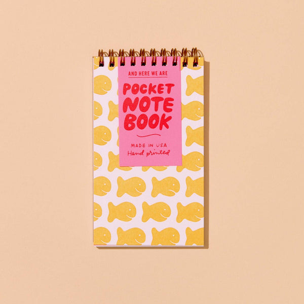And Here We Are - Goldfish Crackers Letterpress Pocket-size Spiral Notebook - Made in USA - Foodie, Snack, Kids - Stocking stuffer, Holiday, Gift Guide
