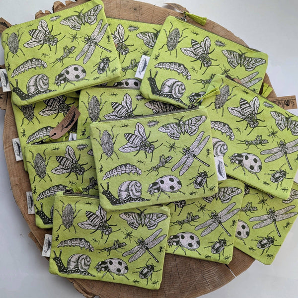 ilikesara | art + goods - Zippered pouch | insecta - light green pencil, supply, makeup bag with waterproof lining
