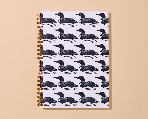And Here We Are - Letterpress A5 Lined Spiral Notebook—Loon Birds Pattern