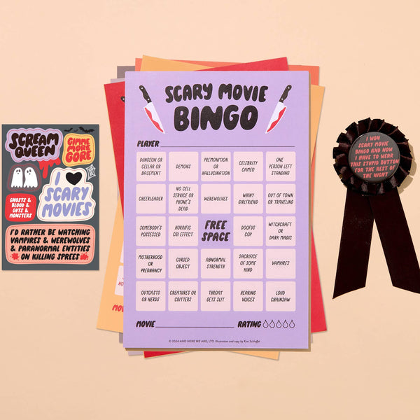 And Here We Are - Scary Movie Cheesy Movie Night Bingo - Halloween , Pop Culture, Father's Day gift, Fall game, Spooky, Fun, pop culture - Stocking stuffer, Holiday, Gift Guide