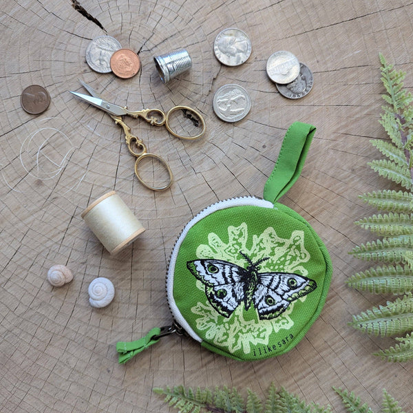 ilikesara | art + goods - Coin pouch | moth - green zipper bag with waterproof lining