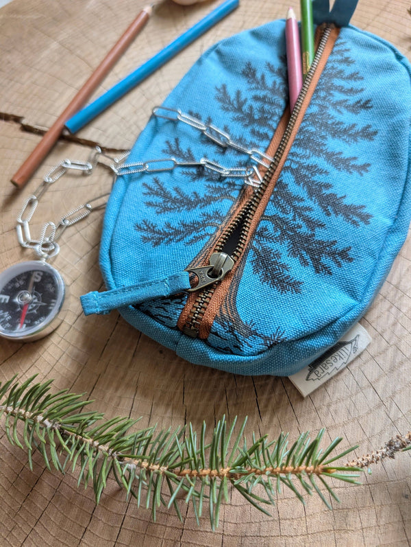 ilikesara | art + goods - Zippered pouch | eastern white pine - blue tree/forest pencil, supply, makeup bag with waterproof lining