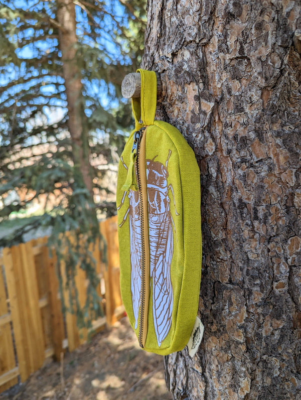 ilikesara | art + goods - Zippered pouch | cicada - yellow & brown bug/insect pencil, supply, makeup bag with waterproof lining
