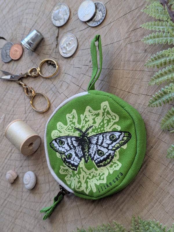 ilikesara | art + goods - Coin pouch | moth - green zipper bag with waterproof lining