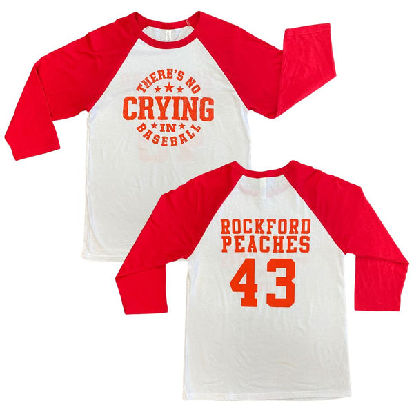 Rockford Peaches No Crying Baseball Jersey T-Shirt Rockford Art Deli XS White/Red 