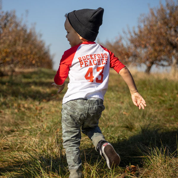 Rockford Peaches No Crying Baseball Jersey Youth T-Shirt Kid + Baby Bella + Canvas 