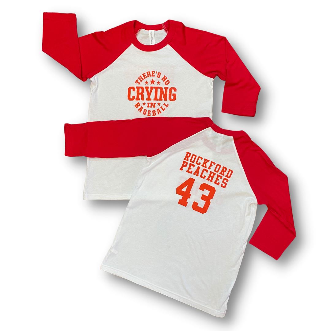 BELLA+CANVAS Rockford Peaches No Crying Baseball Jersey Youth T-Shirt Youth M (10-12) / White/Red