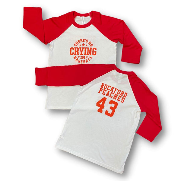 Rockford Peaches No Crying Baseball Jersey Youth T-Shirt Kid + Baby Bella + Canvas 4T White/Red 